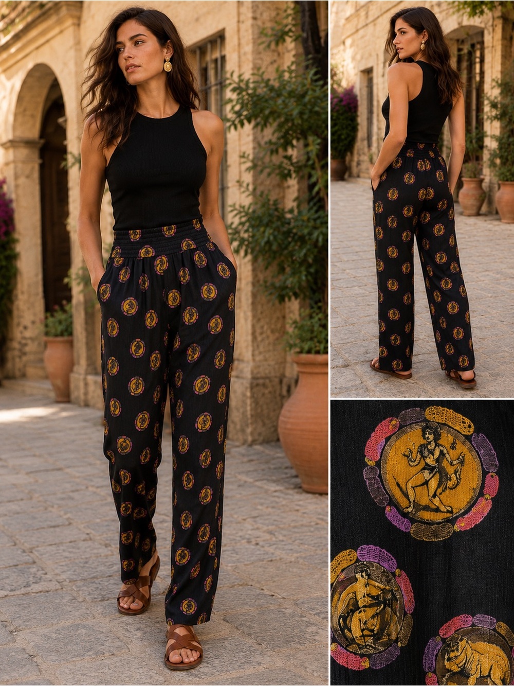 Vintage Carole Little Rayon Gauze  Pants Black Medallion Print 6 Mythological